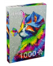 Пъзел Enjoy от 1000 части - Блестяща  котка и пеперуда -1